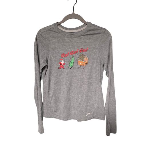 Brooks Running Shirt Christmas Womens Medium Thumb Holes Soft Athletic Jogging - Picture 1 of 9